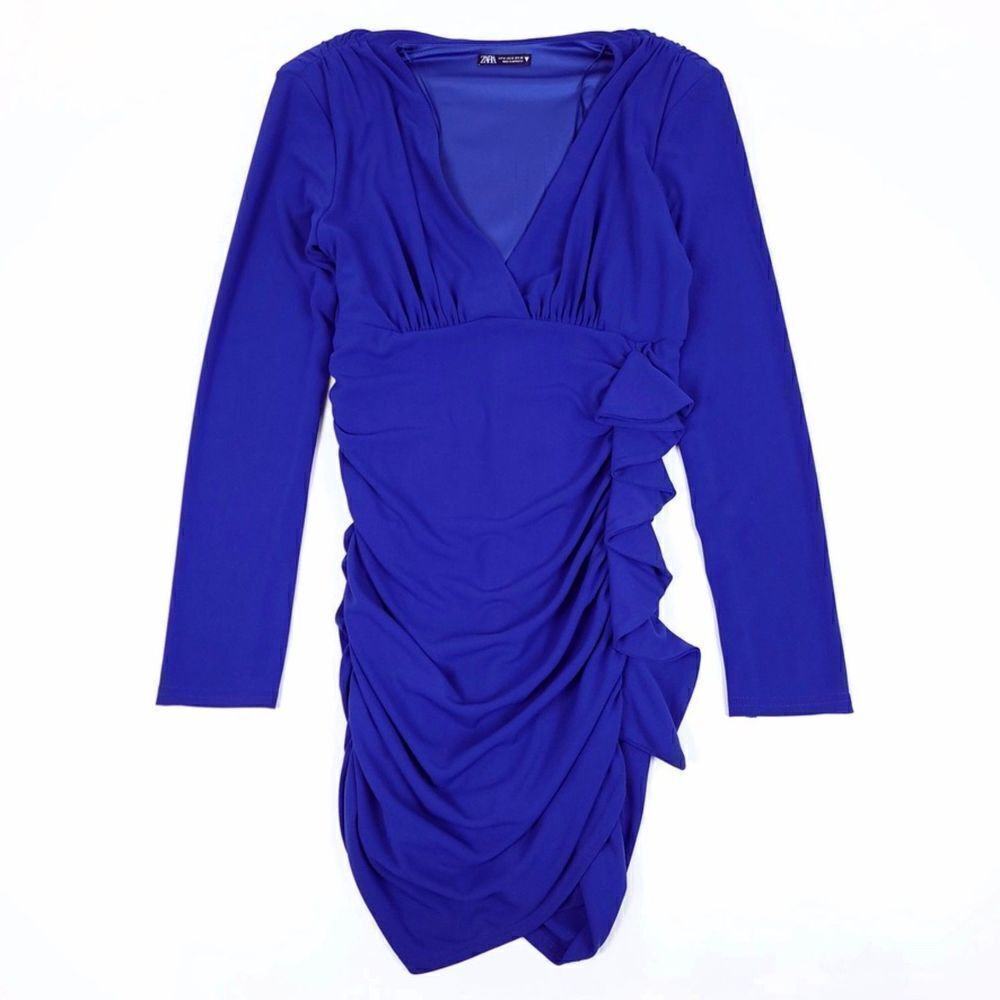 ZARA Ruched Draped Ruffle Shoulder Pad Bodycon Mini Dress Cobalt Womens Medium